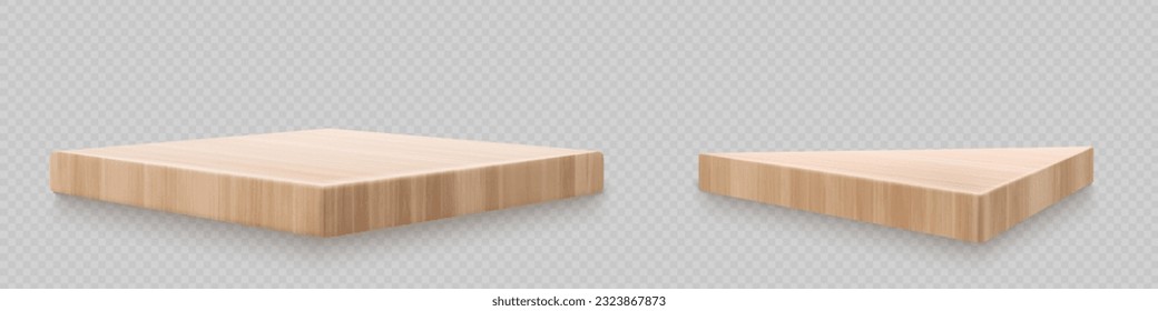 Realistic set of square wooden boards isolated on transparent background. Vector illustration of natural oak, pine, poplar triangle wood platform angle view. Podium for product show. Design sample