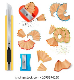 Realistic set of stationery with sharpener knife for pencils sharpening and shavings isolated icons on white background vector illustration 