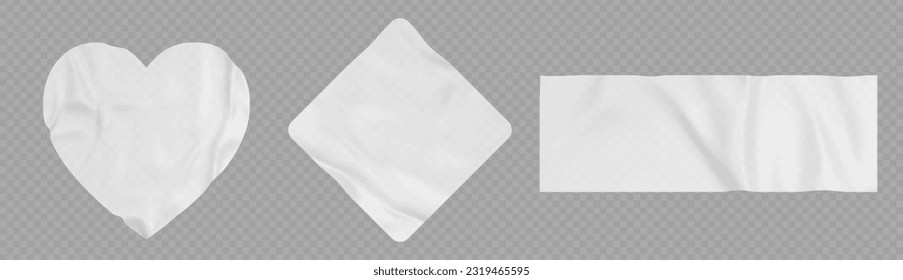 Conjunto realista de maquetas de etiquetas adhesivas aisladas en un fondo transparente. Ilustración vectorial del corazón, rhombus, parches de forma rectangular con textura arrugada en blanco. Plantilla de etiqueta de precio o venta