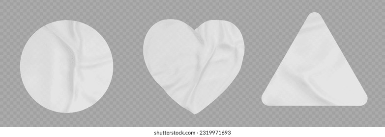 Realistic set of sticker tape label mockups isolated on transparent background. Vector illustration of heart, circle, triangle shape patches with blank wrinkled texture. Sale or price tag template