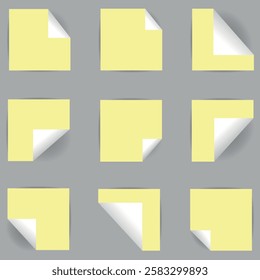 A realistic set of stickers in the shape of a square with a curved corner. Collection of vector classic paper adhesive sticker layouts.