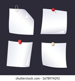 Realistic set sticky note. White paper. Collection of various white note papers with curled corner, pinned red pushbutton, ready for your message. Isolated vector illustration.