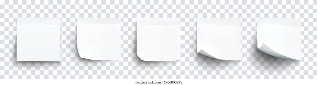 Realistic set sticky note white colors isolated on transparent background. Mockup blank white sticky notes with shadow for your design. Vector illustration EPS10	