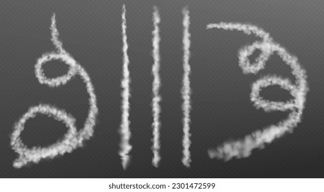 Realistic set of straight and spiral plane condensation trails isolated on transparent background. Vector illustration of smoke line left by aircraft takeoff, landing, flight. Missile attack effect