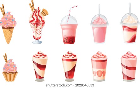 Realistic set of Strawberry desserts and drinks. Cupcake, milkshakes, ice cream hot chocolate. vector illustrations