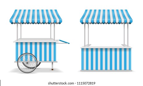 Realistic Set Of Street Food Kiosk And Cart With Wheels. Mobile Blue Market Stall Template. Farmer Kiosk Shop Mockup. Vector Illustration