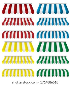 Realistic set striped awnings in different color isolated on white background - vector