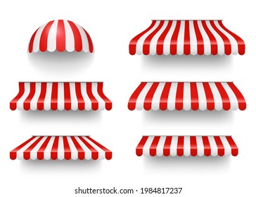 Realistic set of striped red and white awnings. Tents or textile roofs. Realistic vector illustration isolated on white.