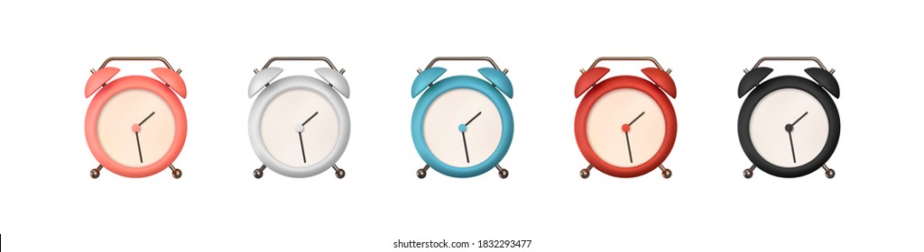 Realistic set of Table Clock. 3d alarm Clock. Classic timer time. Isolated on white background.  red and white, black and blue, brown pink color. Vector illustration
