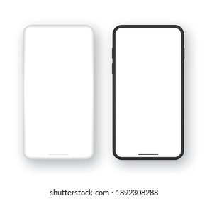 Realistic set of template black and white smartphone with blank screen. Mockup mobile phone with empty display. Vector