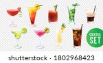 Realistic set with ten alcoholic cocktails in glasses of different shape isolated on transparent background vector illustration