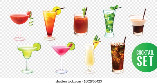 Realistic set with ten alcoholic cocktails in glasses of different shape isolated on transparent background vector illustration