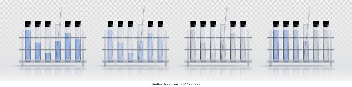 Conjunto realista de racks de tubos de ensayo aislados sobre fondo transparente. Ilustración vectorial de equipos de laboratorio químico con sustancia líquida y cuentagotas, vidrio de laboratorio para experimentos científicos