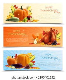 Realistic set of thanksgiving day banners with autumn harvest and roasted turkey isolated vector illustration