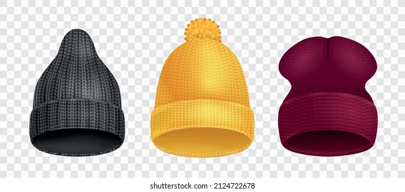 Realistic set of three black yellow and burgundy winter beanie hats isolated against transparent background vector illustration