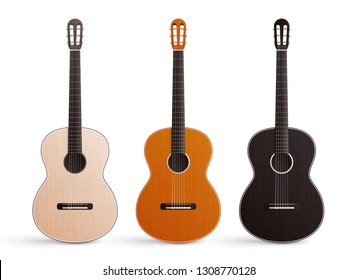 Realistic set of three classic wooden acoustic guitars with nylon strings isolated on white background vector illustration