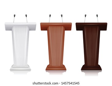 Realistic set of three colored tribunes with microphones for briefing conference or lecture isolated vector illustration