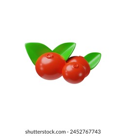 A realistic set of three cranberry berries with juicy green leaves highlighted on a white background. Fresh, organic berries are ideal for a vegan diet