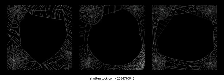 Realistic set of three creepy spider cobweb frames isolated on black background vector illustration