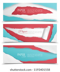 Realistic set of three horizontal abstract banners with colorful torn paper design and text field isolated vector illustration