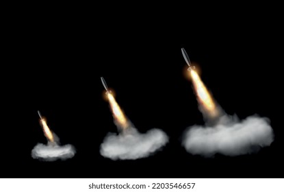 Realistic set of three launched missiles leaving fire and smoke contrails isolated on black background vector illustration