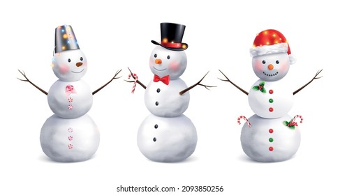 Realistic set of three snowman in Christmas decoration isolated vector illustration
