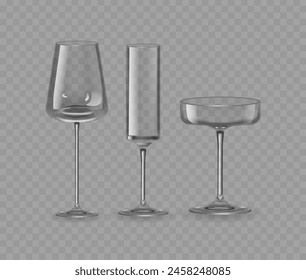 Conjunto Realista De Tres Vasos 3D Aislados De Diferentes Formas, Incluyendo Una Copa De Vino, Flauta De Champán Y Un Cóctel