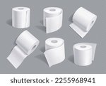 Realistic set of toilet paper mockups isolated on transparent background. 3D vector illustration of soft white hygiene tissue rolls for bathroom or lavatory, various view