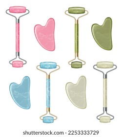 Realistic set of tools for gua sha massage with different color rollers and scrapers isolated vector illustration