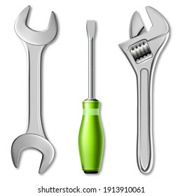 Realistic set of tools of master mechanic or plumber. 3d vector illustration of a wrench, adjustable wrench and screwdriver