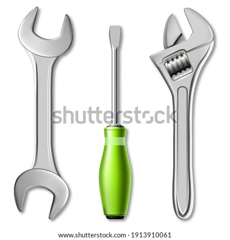 Realistic set of tools of master mechanic or plumber. 3d vector illustration of a wrench, adjustable wrench and screwdriver