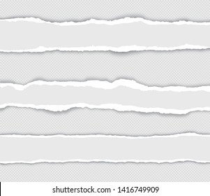 Realistic set torn paper edges with shadow on transparent background - stock vector.