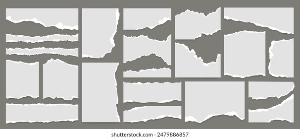 Realistic set of torn or ripped white paper sheet, note scrap or notebook page with texture edges. Torn sticky newspaper clip art with paint brush stroke border. Ripped social media business banner.