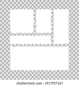 Conjunto realista de papel blanco roto sobre fondo transparente. Papel de borde de desecho. Vector