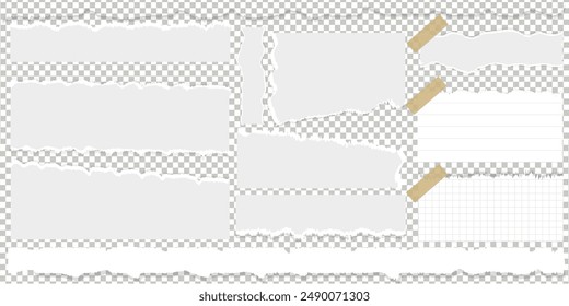 Realistic set of torn white png paper sheets isolated on transparent background of different shapes and sizes. Vector illustration of torn blank pages with jagged texture edges.