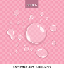 Conjunto realista de gotas transparentes de agua aisladas en un contexto de transparencia. Ilustración del vector