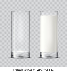 Realistic set of transparent empty and full milk glass. Milk or yoghurt 3D vector illustration on transparent background.