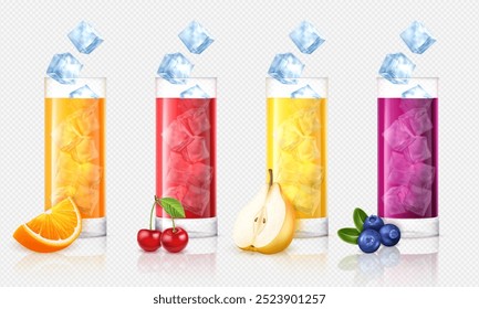 Realistic set of transparent glass with fruit juice and ice cubes. Orange, cherry, pear and blueberry juice icon collection on transparent background.