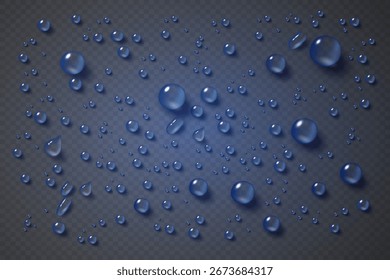 Realistic set of transparent water drops, transparent dew drops with reflection effect.