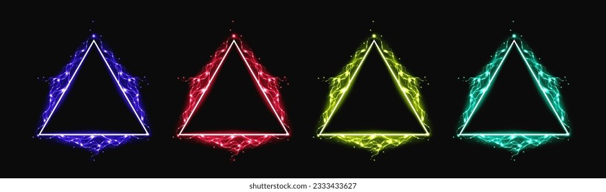 Realistic set of triangles with lightning bolt decor. Vector illustration of neon color geometric figures, scifi game frame, futuristic portal, magic power symbol, luminous electric energy effect