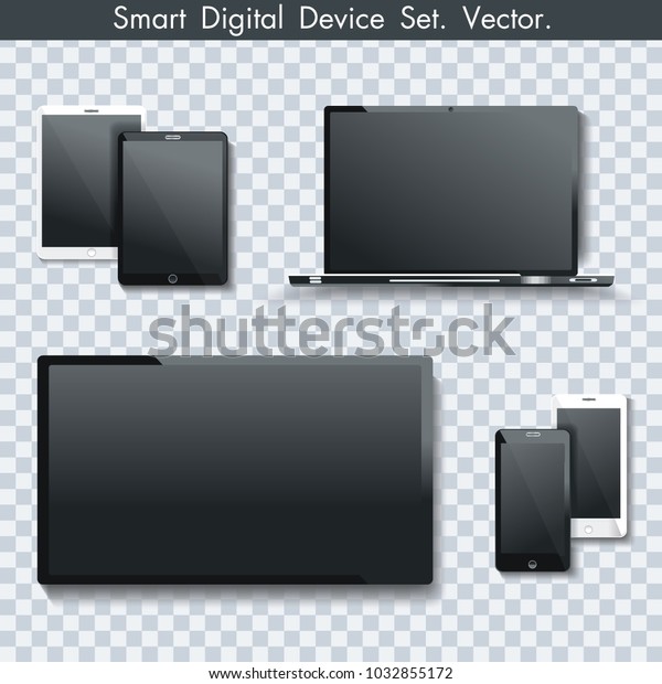 Realistic set of TV\
panel, computer monitor, laptop, tablet pc and  smartphone on\
transparent\
background.