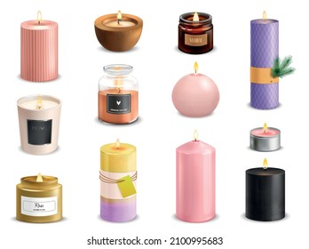 Realistic set of twelve burning scented candles of various design isolated on white background vector illustration