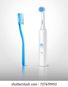 Realistic set of two classic and electric toothbrushes isolated on light background vector illustration