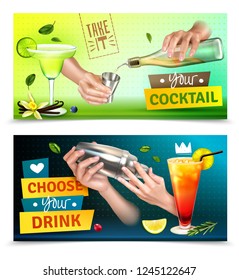 Realistic set of two colorful horizontal banners with bartender hands mixing cocktails isolated vector illustration