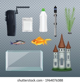 Realistic set with two fish equipment and decoration for aquarium isolated on transparent background vector illustration