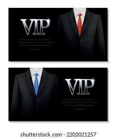 Realistic set of two horizontal vip card invitation banner templates with elegant male suits and neckties isolated vector illustration