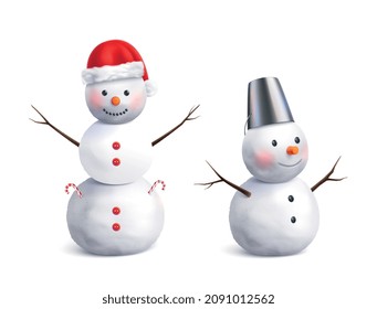 Conjunto realista con dos hombres de nieve usando sombrero de Navidad y balde ilustraciones vectoriales aisladas