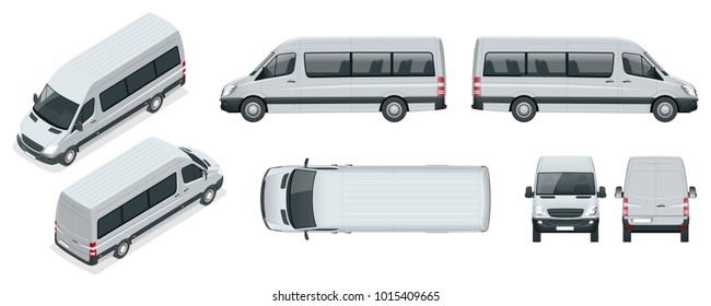 Realistic set of Van template Isolated passenger minibus for corporate identity and advertising. View from side, top, roof, rear, front, isometric.