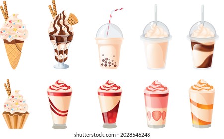 Realistic set of vanilla desserts and drinks Cupcake, milkshakes, ice cream hot chocolate, coffee. vector illustrations