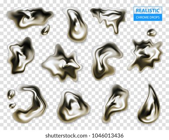 Realistic set of various chrome shapeless glossy droplets on transparent background vector illustration